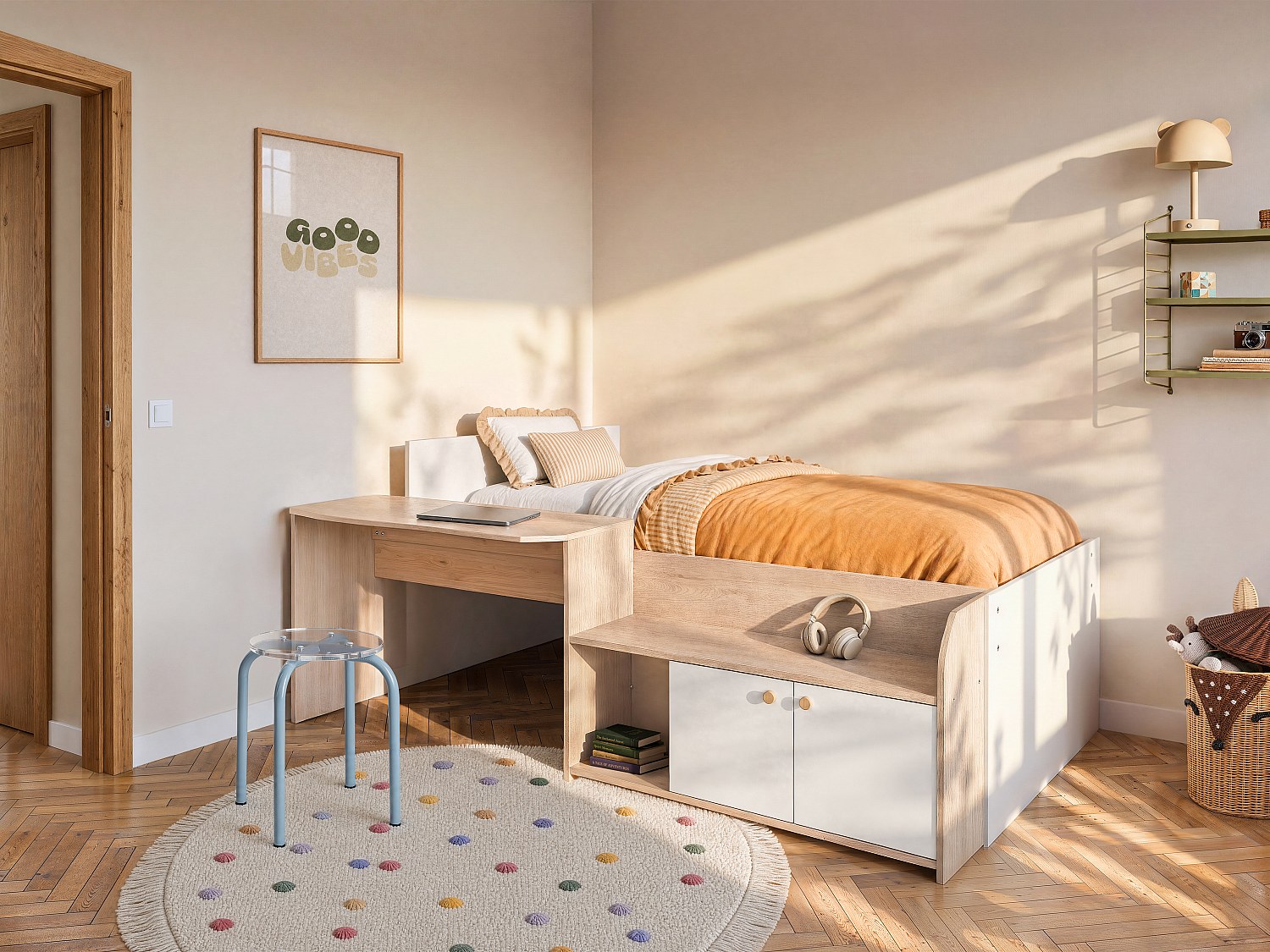 Kombibett 90 x 190/200 cm - Natur und Weiß + Lattenrost - MIVONA