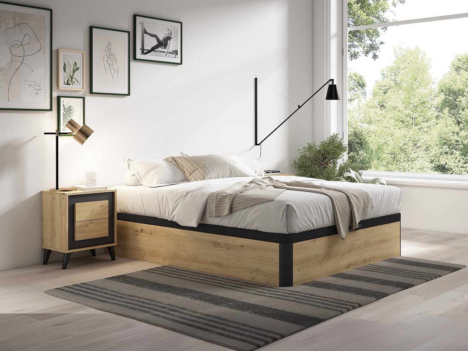 Bett mit Bettkasten 140 x 200 cm - Hellnatur und Schwarz - NAMOSI von YSMÉE