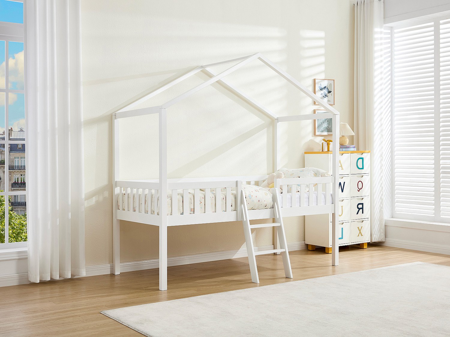 Halbhohes Hausbett - 90 x 190 cm - Kiefer - Weiß + Matratze - NALENY