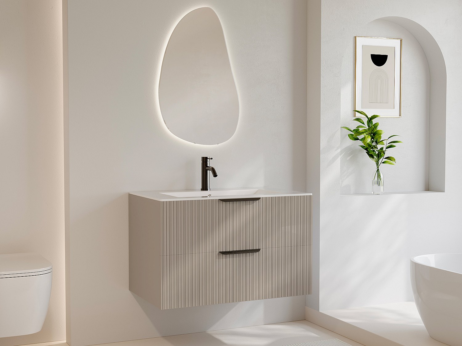 Hängeschrank mit Riffeloptik für Einbauwaschbecken + Armatur - Beige - 80 cm - DALIKO