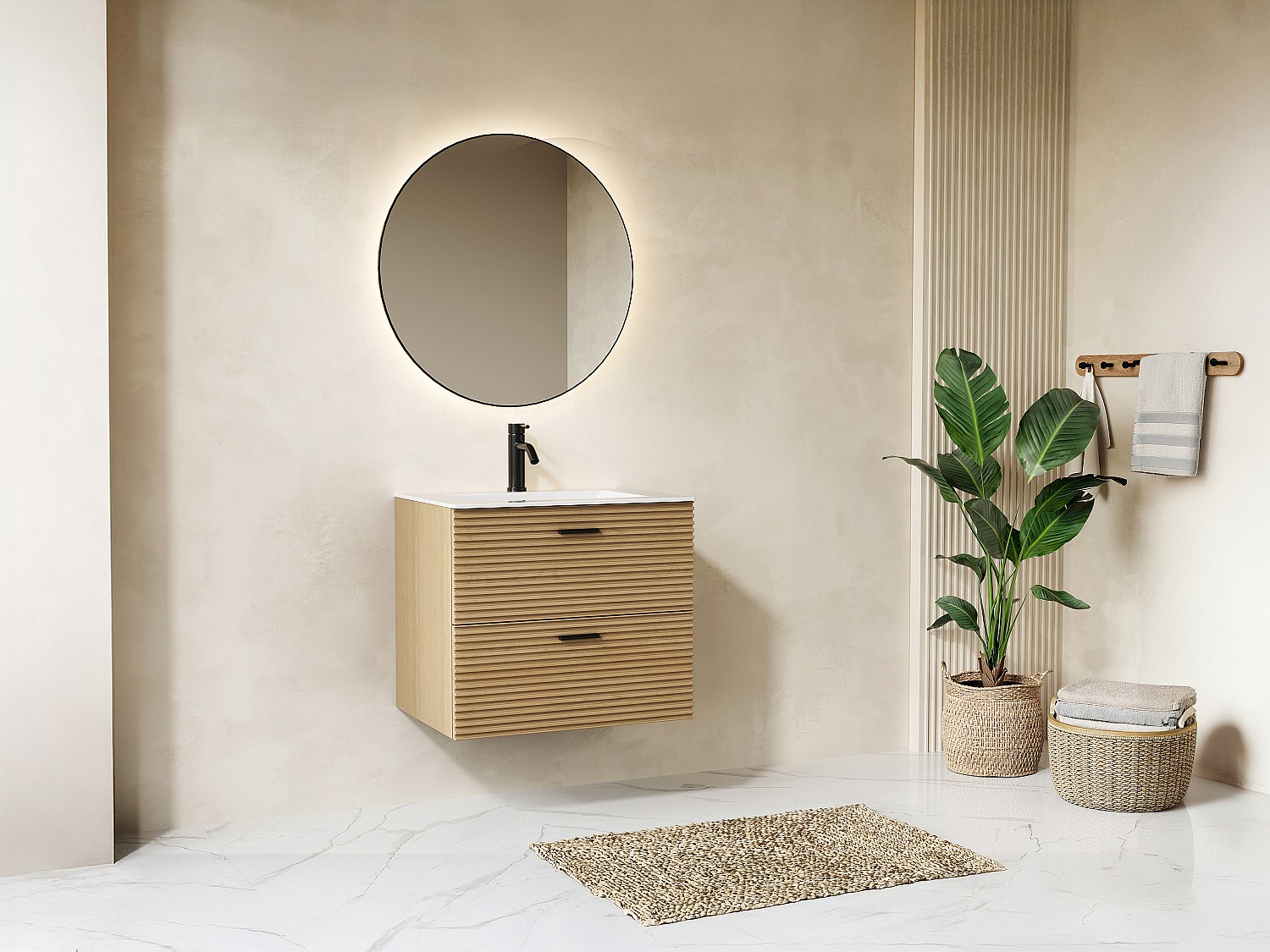 Badezimmermöbel geriffelt hängend mit Einbauwaschbecken und Armatur – 2 Schubladen – Natur hell – 60 cm – SARONE