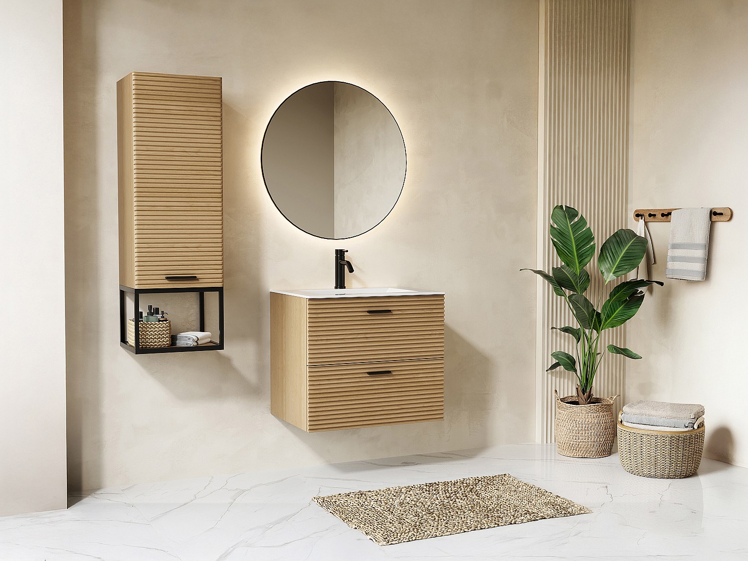 Badezimmermöbel geriffelt hängend mit Einbauwaschbecken, Armatur und Hochschrank mit Nische – 2 Schubladen – Natur hell – 60 cm – SARONE