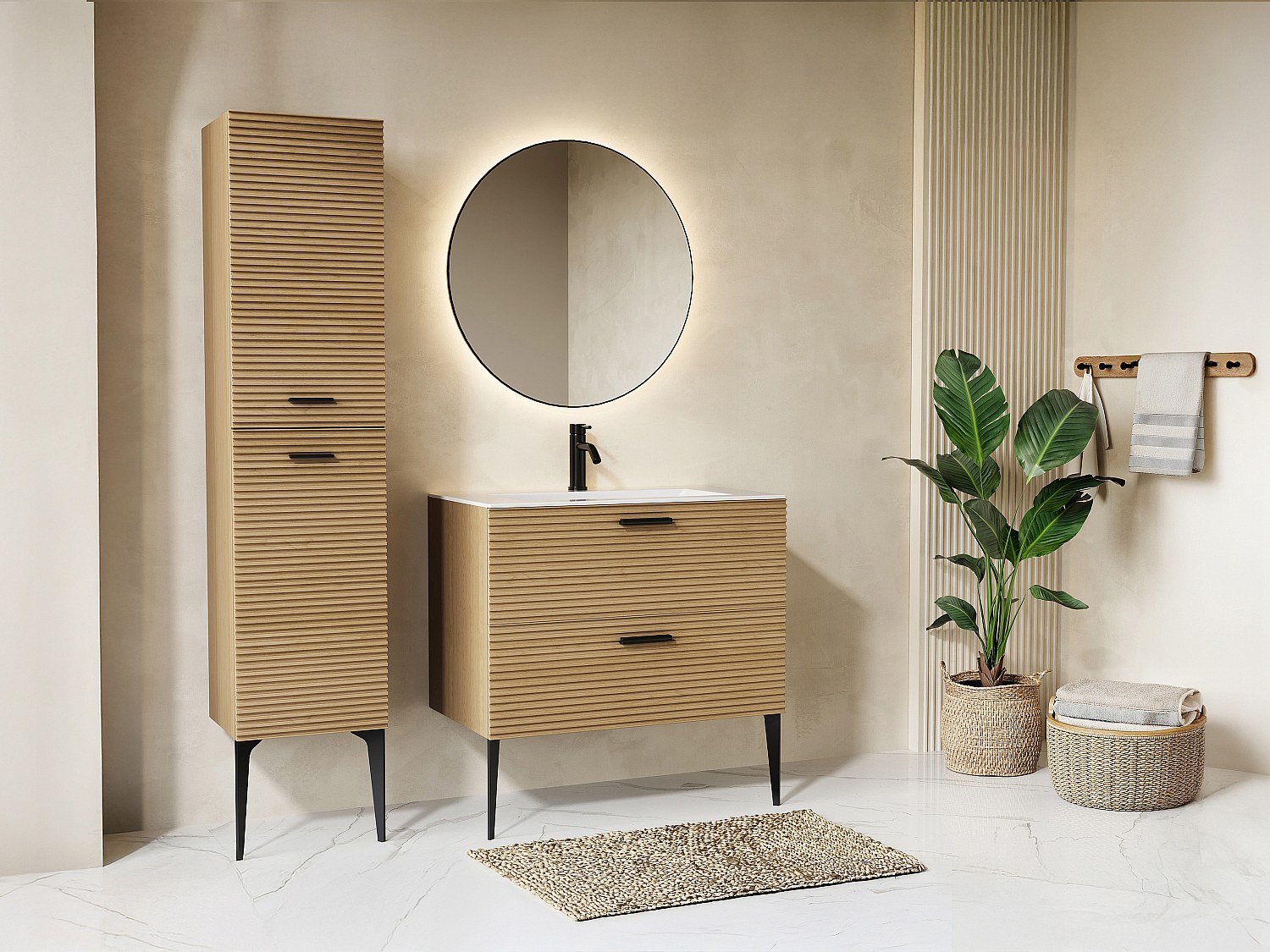 Badezimmerschrank mit Füßen, einzulassendem Waschbecken, Armatur und Hochschrank - geriffelt - 2 Schubladen - Helles Natur - 80 cm - SARONE