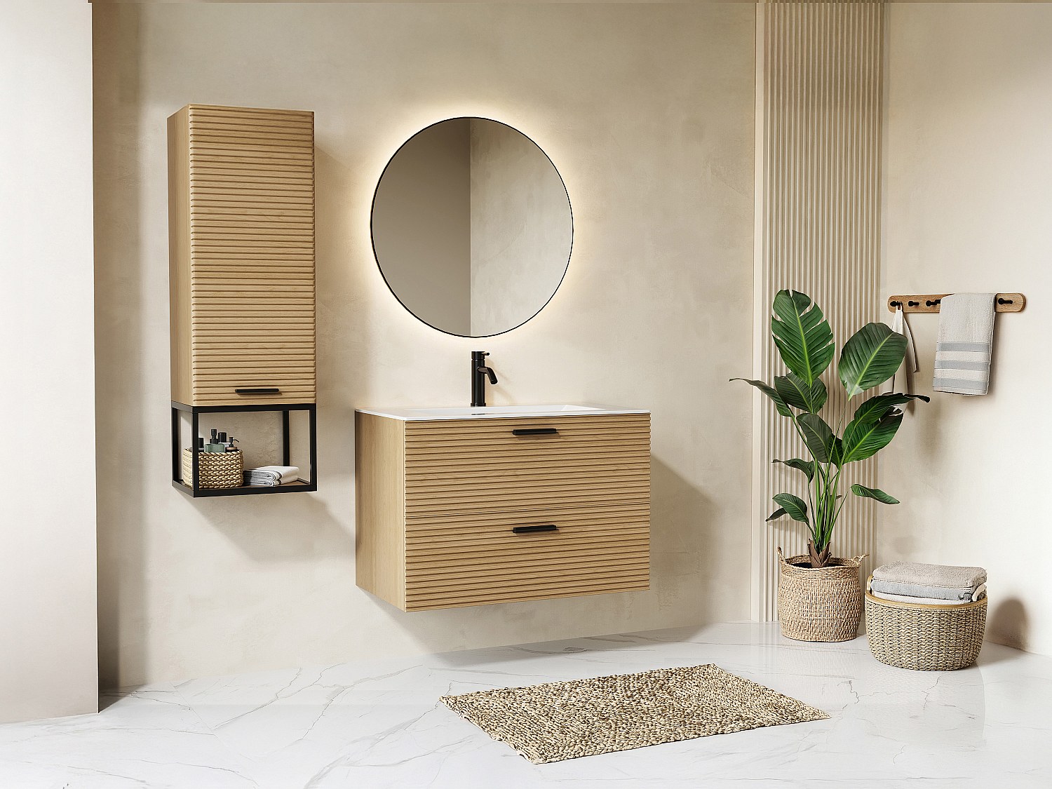 Hänge-Badschrank in Streifen-Optik mit Einbauwaschbecken, Armatur und Hochschrank mit Nische - 2 Schubladen - Helles Natur - 80 cm - SARONE