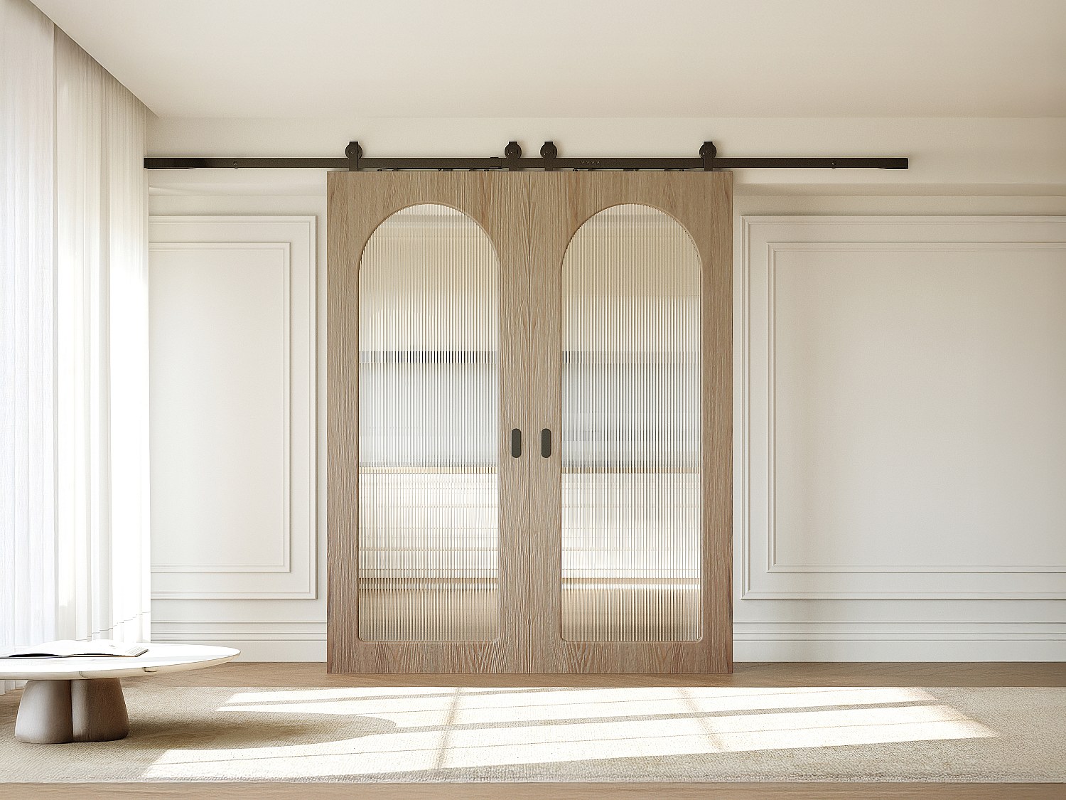 Doppelte Schiebetür mit aufgesetztem Schienensystem aus Holz und MDF – Bogen aus geriffeltem Einscheibensicherheitsglas – 2 × H205 x B83 cm – ODEZA