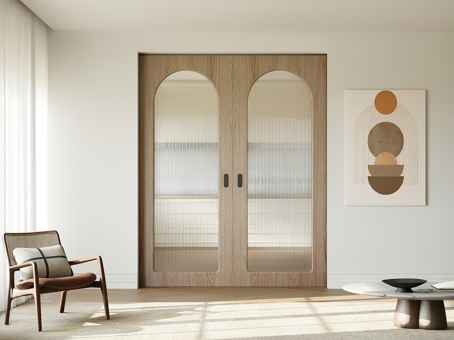 Doppelte Schiebetür mit in der Wand laufendem Schienensystem (Galandage) aus Holz und MDF – Bogen aus geriffeltem Einscheibensicherheitsglas – 2 × H205 x B83 cm – ODEZA