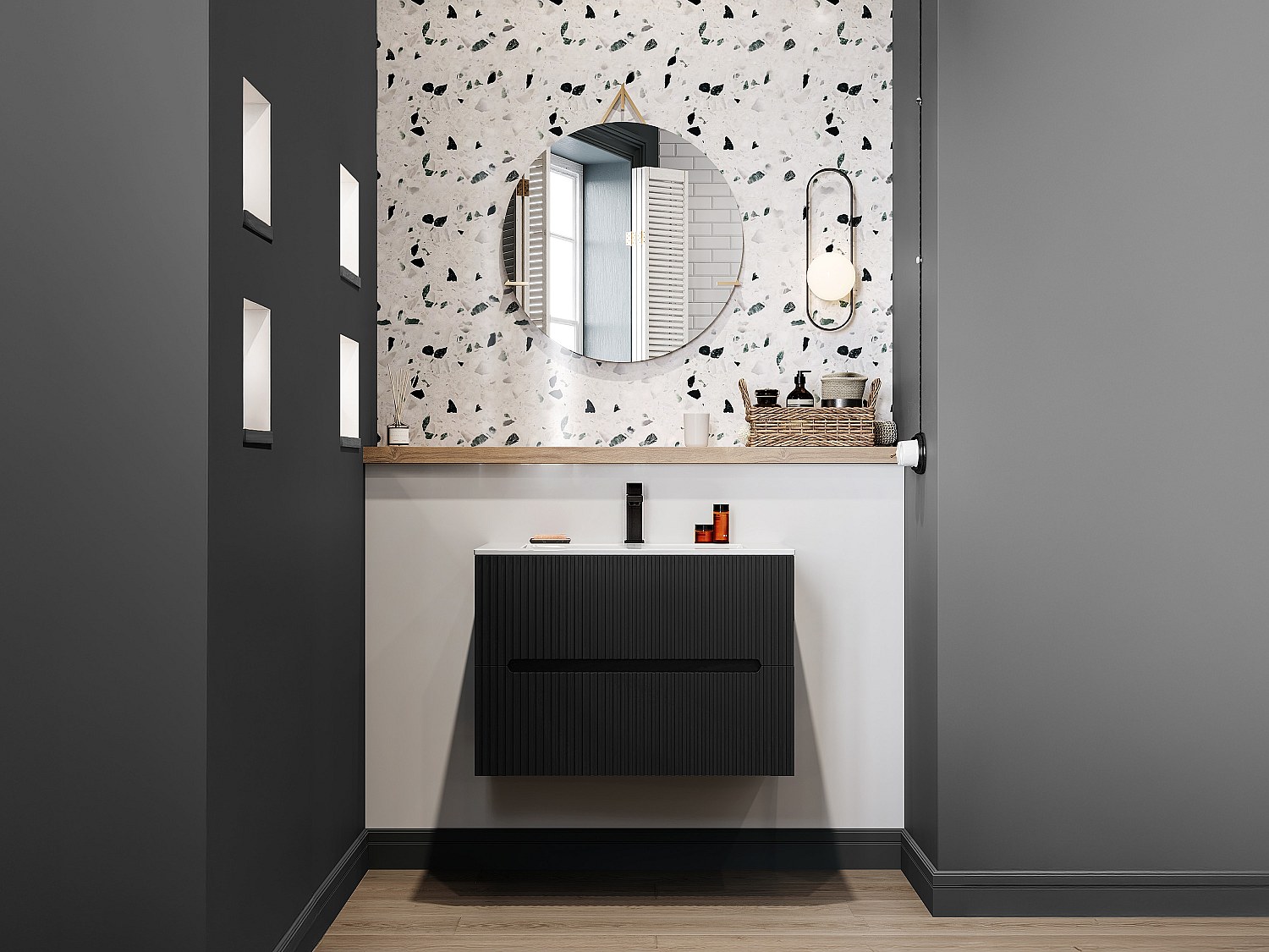 Waschbeckenunterschrank hängend mit Einbauwaschbecken und Armatur – 80 cm – Schwarz gerippt – PAVANI