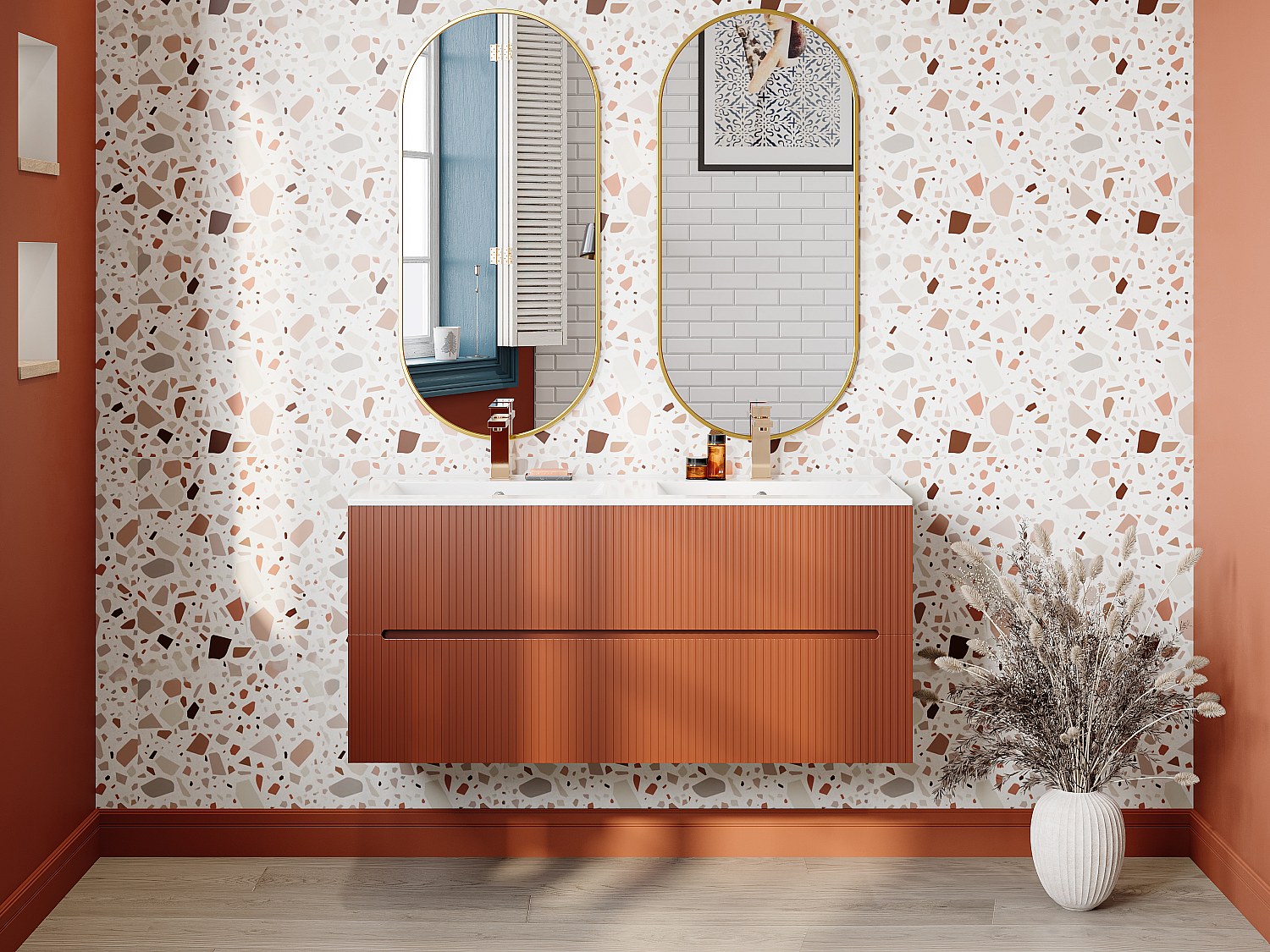 Waschbeckenunterschrank hängend mit Einbauwaschbecken und Armatur – 120 cm – Terracotta gerippt – PAVANI