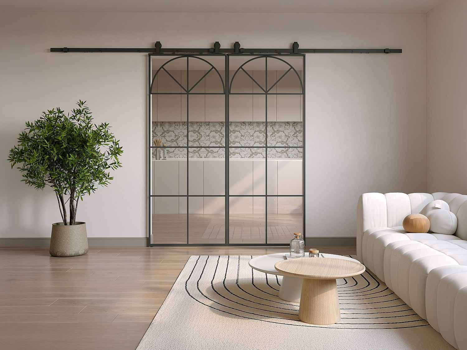 Doppelte Schiebetür mit Aufputz-System im Art-Déco-Stil - Aluminium und gehärtetes Glas - 2 x H204 x B83 cm - Schwarz - VIGELO