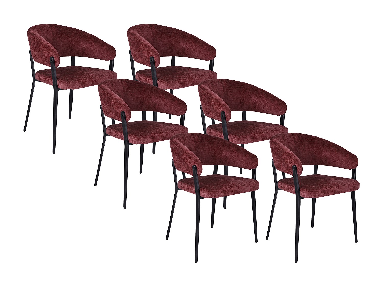 6er-Set Stühle mit Armlehnen - Strukturstoff und schwarzes Metall - Bordeaux - AVRELA