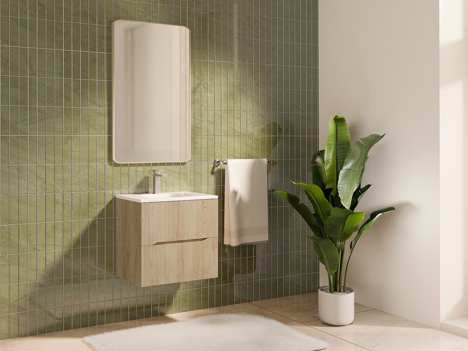 Hängender Bad-Unterschrank mit Einbauwaschbecken und Armatur – gerillt – Hell-Natur – L60 cm – ORISO