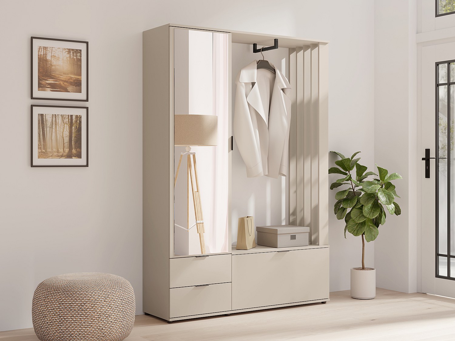 Garderobenschrank mit Ablagefächern und Kleiderstange - Beige - CEDRELA