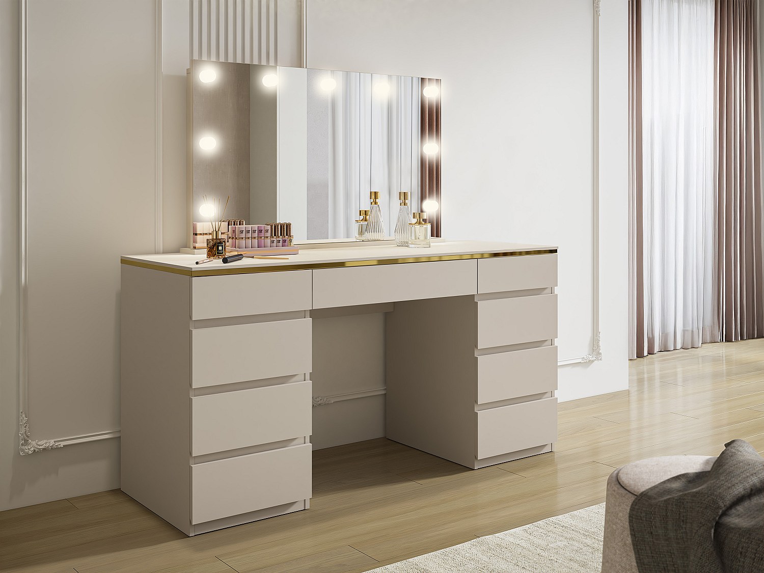 Schminktisch mit LED-Spiegel – 9 Schubladen – Beige und Gold – VUKIA