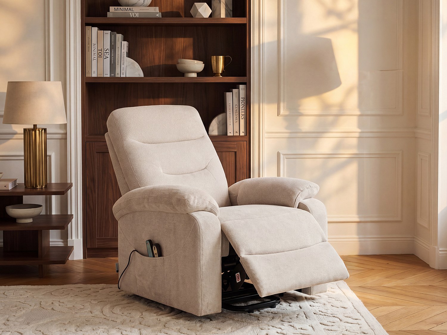Massagesessel mit Heizfunktion aus strukturiertem Stoff und elektrischer Aufstehhilfe - Beige - FLUNEL