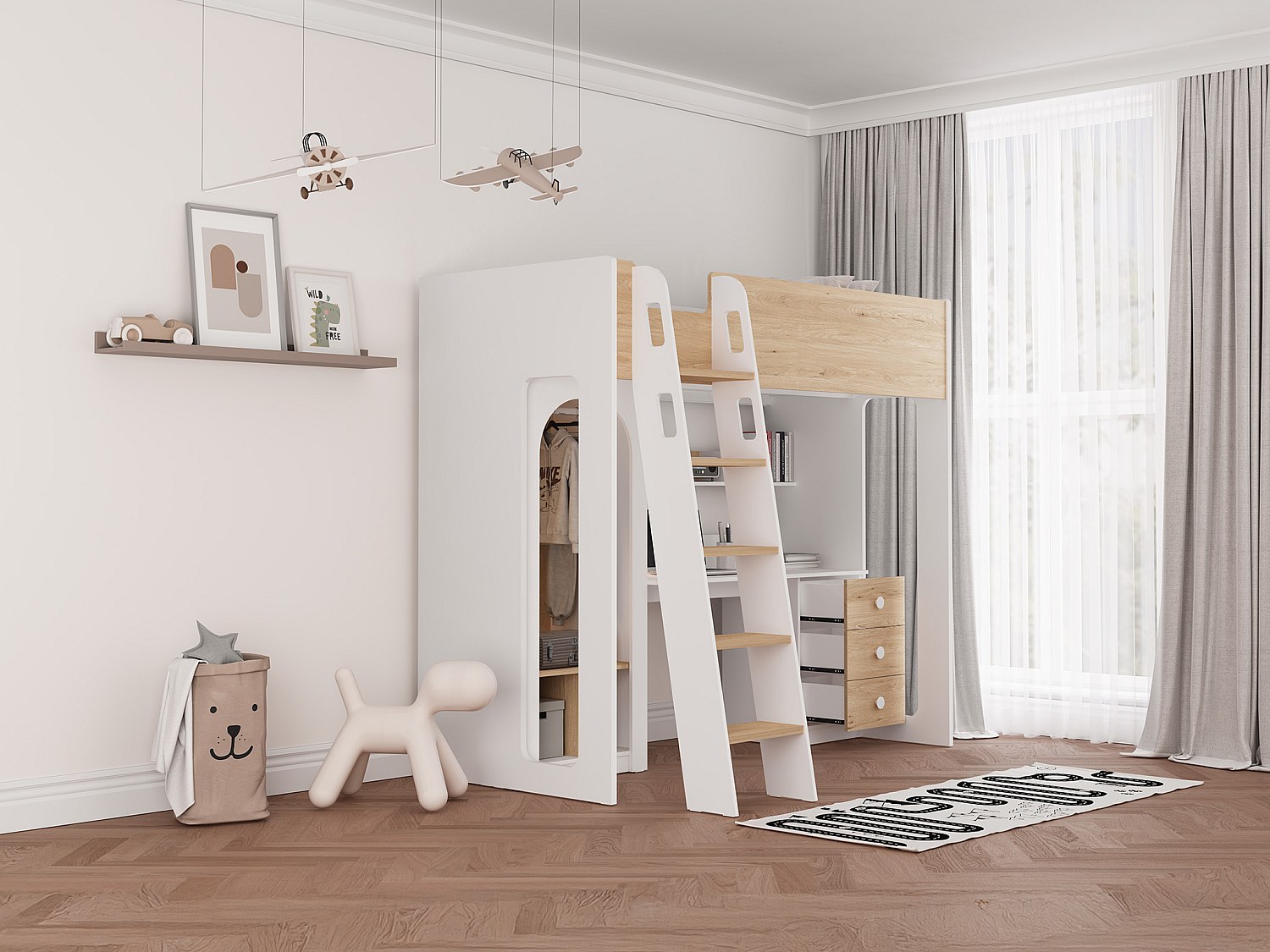 Hochbett 90 x 190 cm mit Kleiderschrank und Schreibtisch – Natur und Weiß + Matratze - ALVENOU