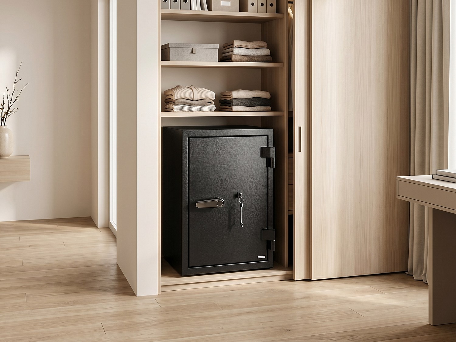 Tresor S2 mit Schlüssel aus Stahl in Schwarz - einbruch- und feuerhemmend - B44 x T43,5 x H58 cm - 46 L - MIRILO