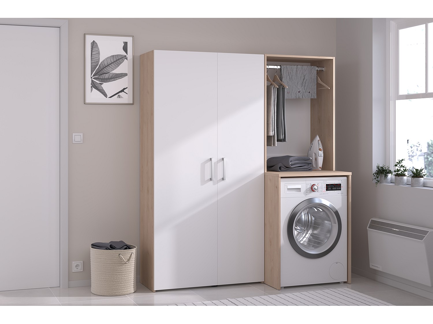 Möbel für Waschmaschine mit Kleiderschrank und Doppeltür-Säule – Hell-Natur und Weiß – B156 x H184 cm – ERKANO