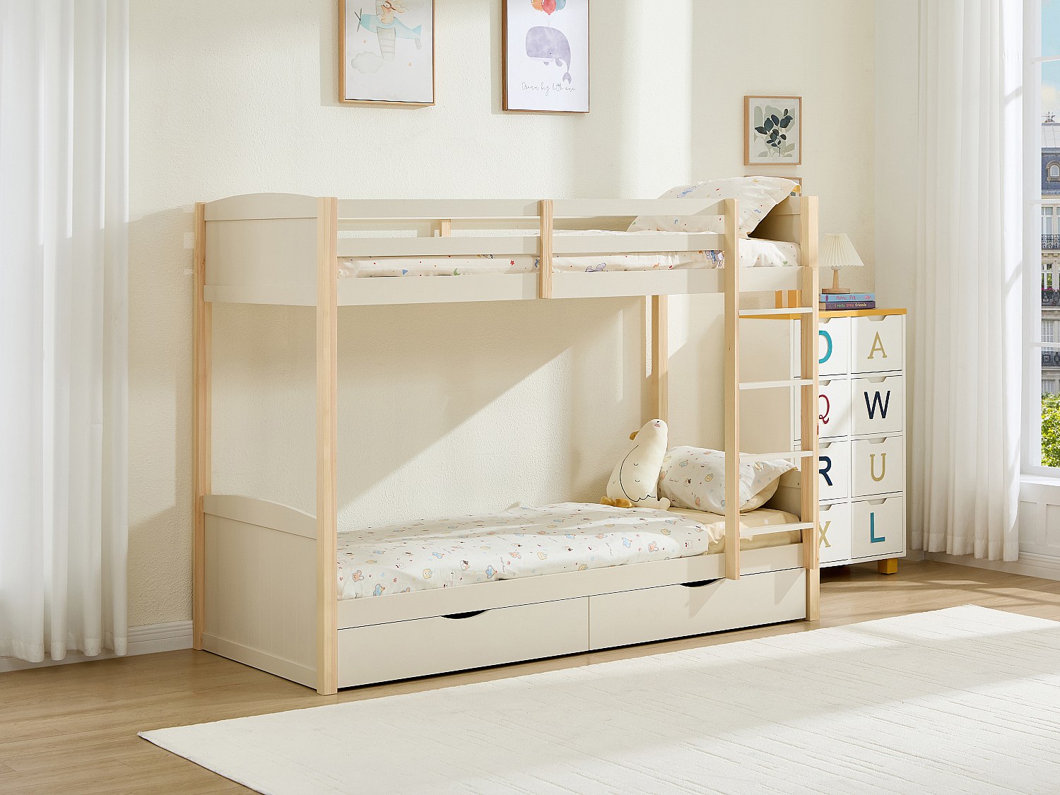 Etagenbett 2 x 90 x 200 cm - 2 Schubladen - Kiefer und MDF – Beige und natur + Matratze - LIMODARA