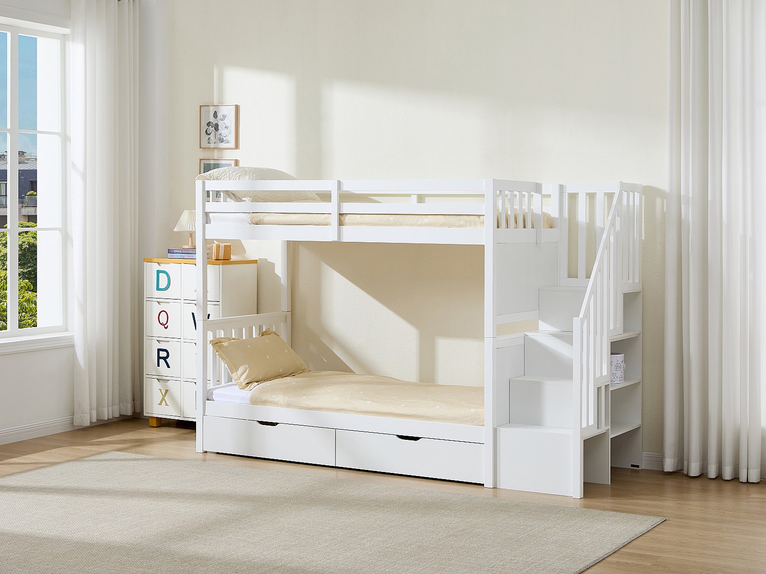 Etagenbett 90 x 190 cm mit Schubladen - Kiefer und MDF - Weiß + Matratze - ZILENI