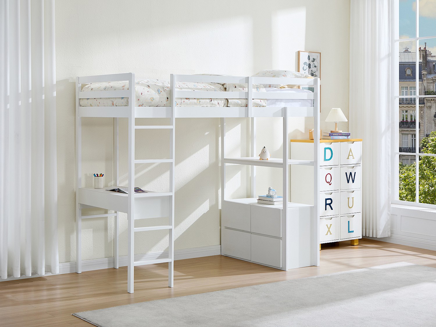 Etagenbett 90 x 190 cm mit Schreibtisch und Stauraum - Kiefer und MDF - Weiß + Matratze - KALIZI