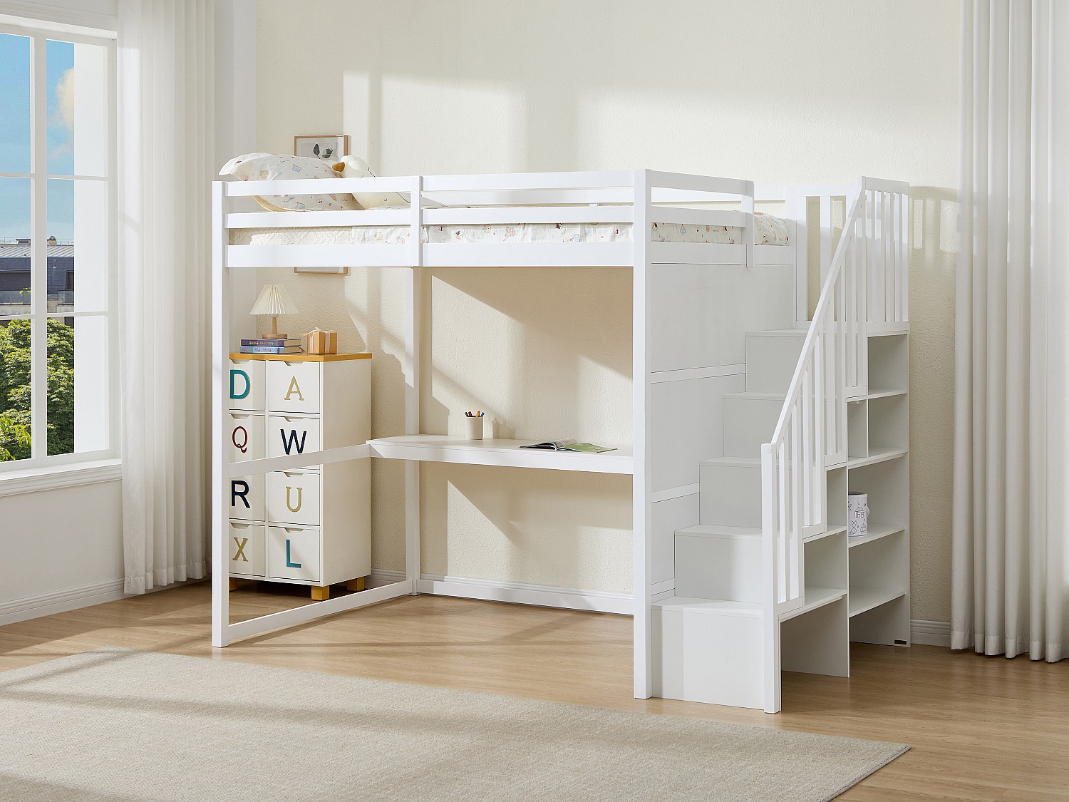 Hochbett 140 x 190 cm - Kiefer und MDF - Weiß - Mit Schreibtisch - MENIZI