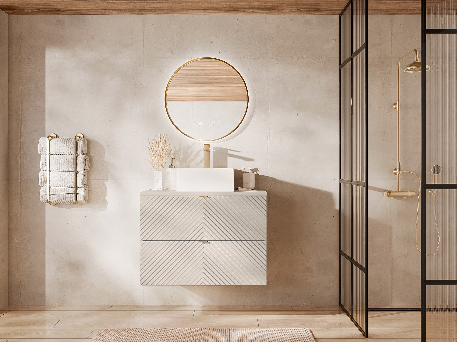 Hängender Badschrank mit Aufsatzwaschbecken quadratisch und Armatur - Beige - 80 cm - DORIONI