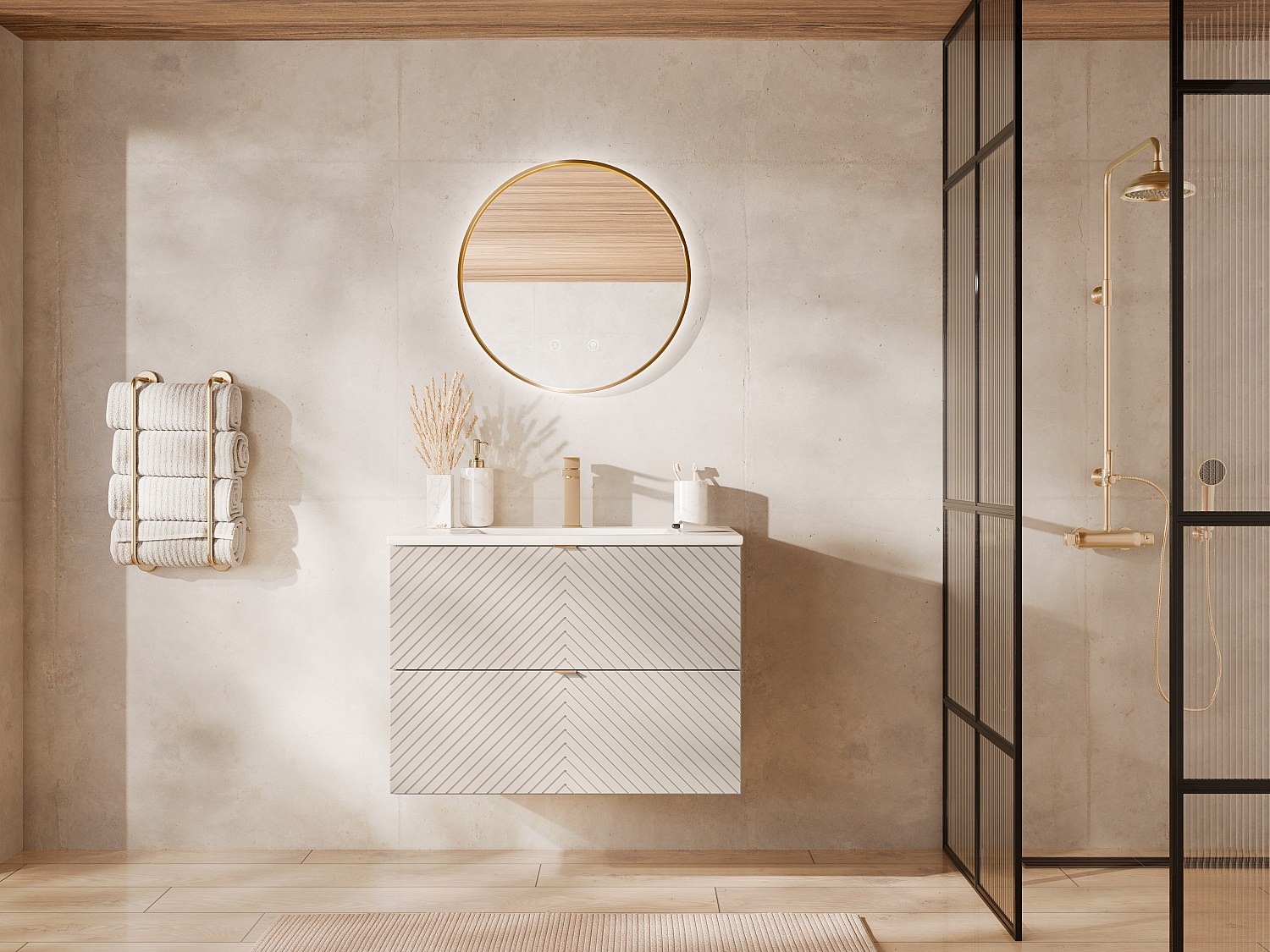 Hängender Badschrank mit Einbauwaschbecken, Armatur und Spiegel - Beige - 80 cm - DORIONI