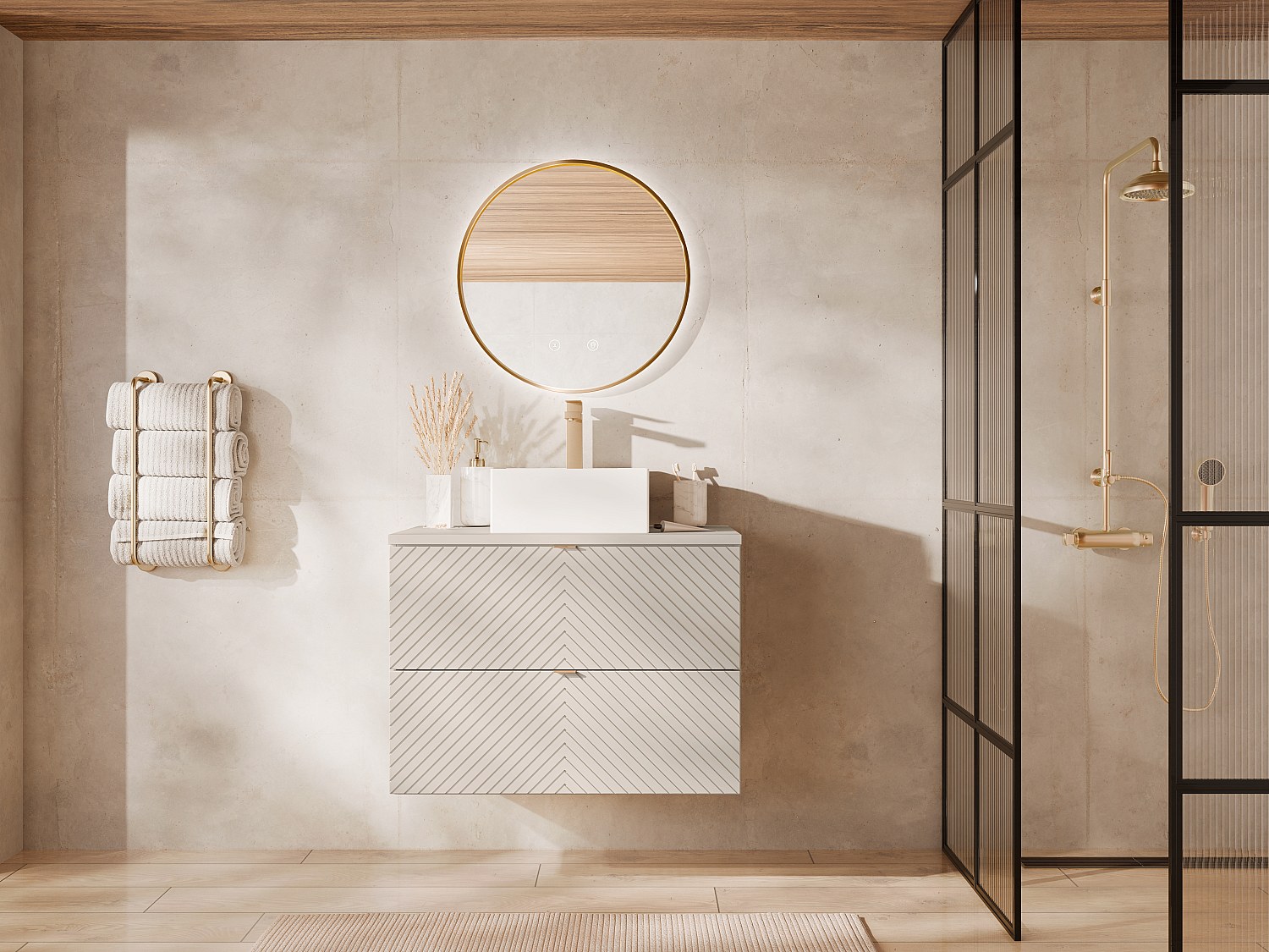Hängender Badschrank mit Aufsatzwaschbecken quadratisch, Armatur und Spiegel - Beige - 80 cm - DORIONI