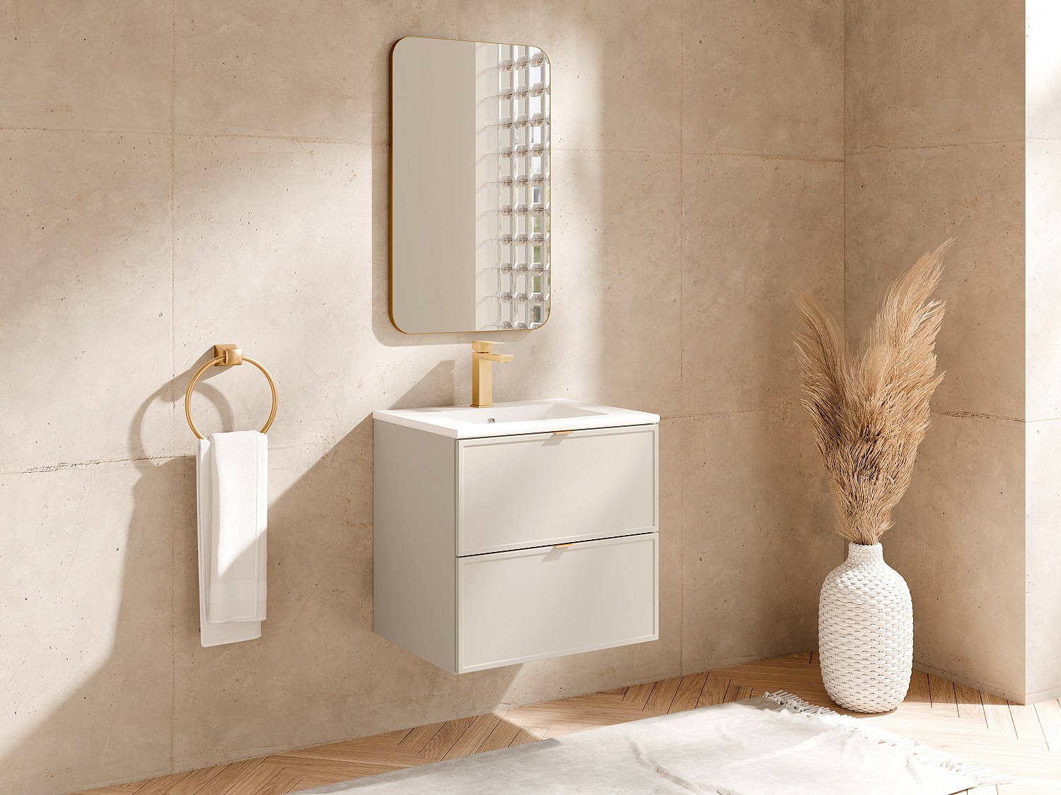 Hängender Badezimmer-Unterschrank mit Einbau-Waschbecken – Beige – B60 cm – ONDIL