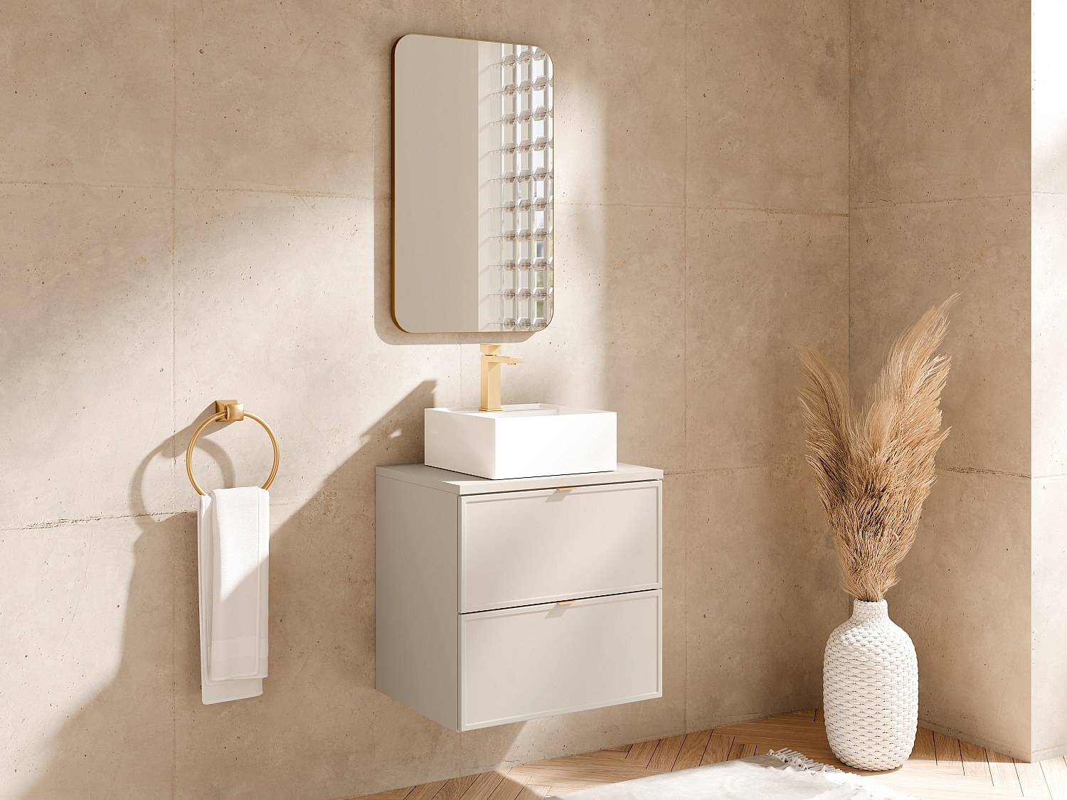Waschbeckenunterschrank hängend mit Aufsatzwaschbecken eckig und Armatur – Beige – 60 cm – ONDIL