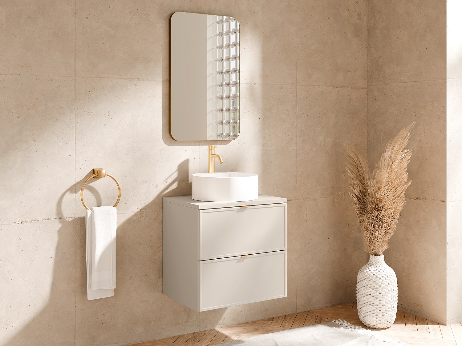 Hängender Waschtischunterschrank mit Aufsatzwaschbecken rund, Armatur und Spiegel – Beige – 60 cm – ONDIL