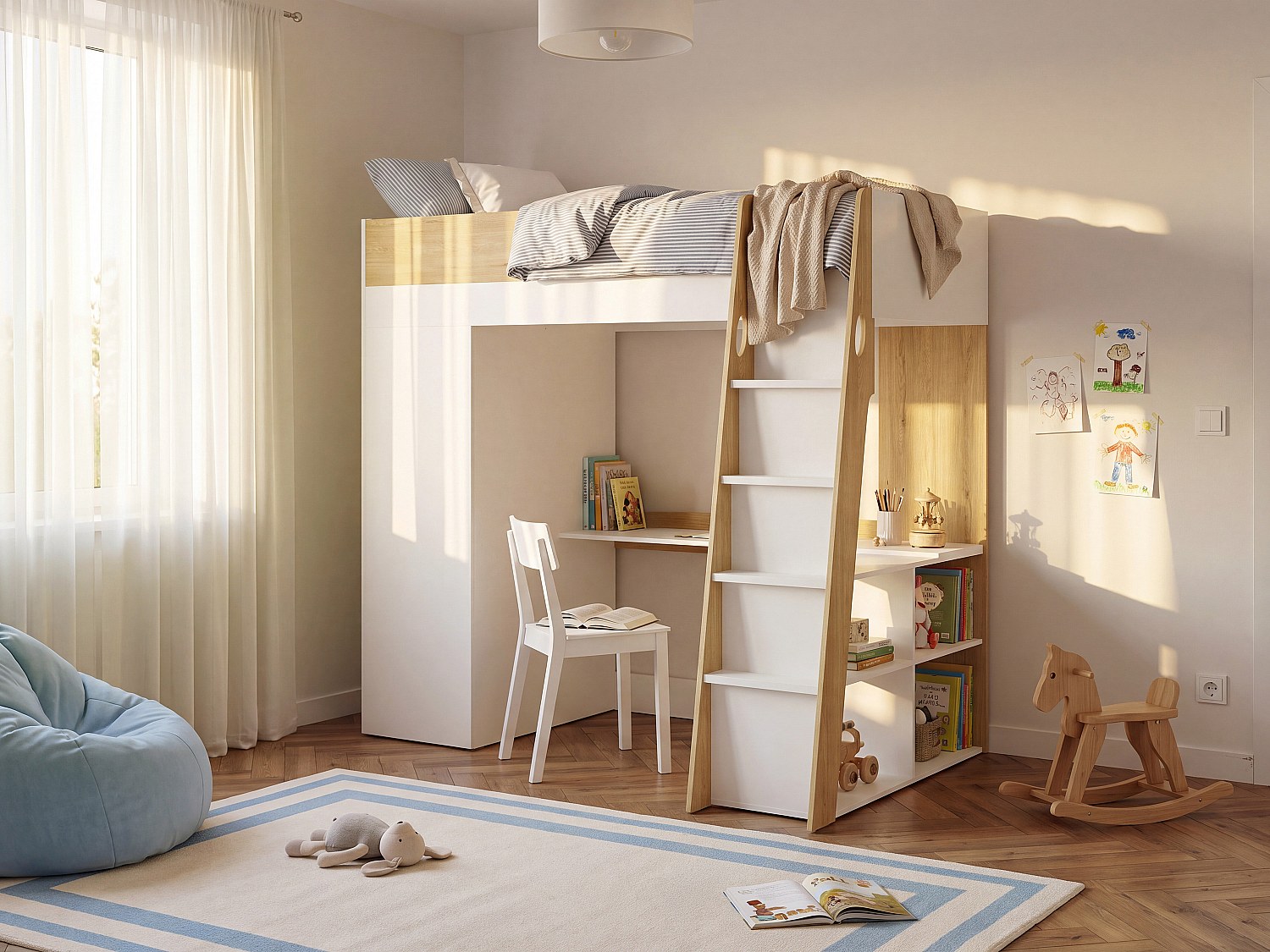 Hochbett 90 x 190 cm mit Kleiderschrank und Schreibtisch – Farbe: Natur und Weiß + Matratze - ARMONESA
