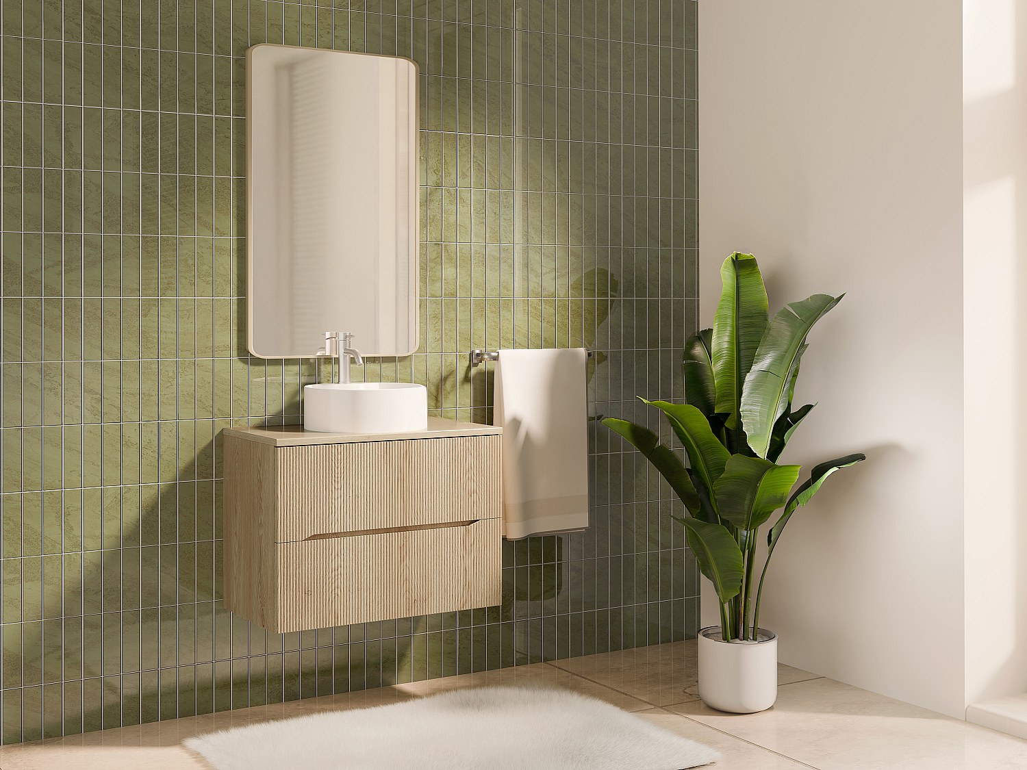 Hängender Badezimmer-Unterschrank gerillt mit Aufsatz-Waschbecken rund und Armatur – Hell-Natur – B80 cm – ORISO