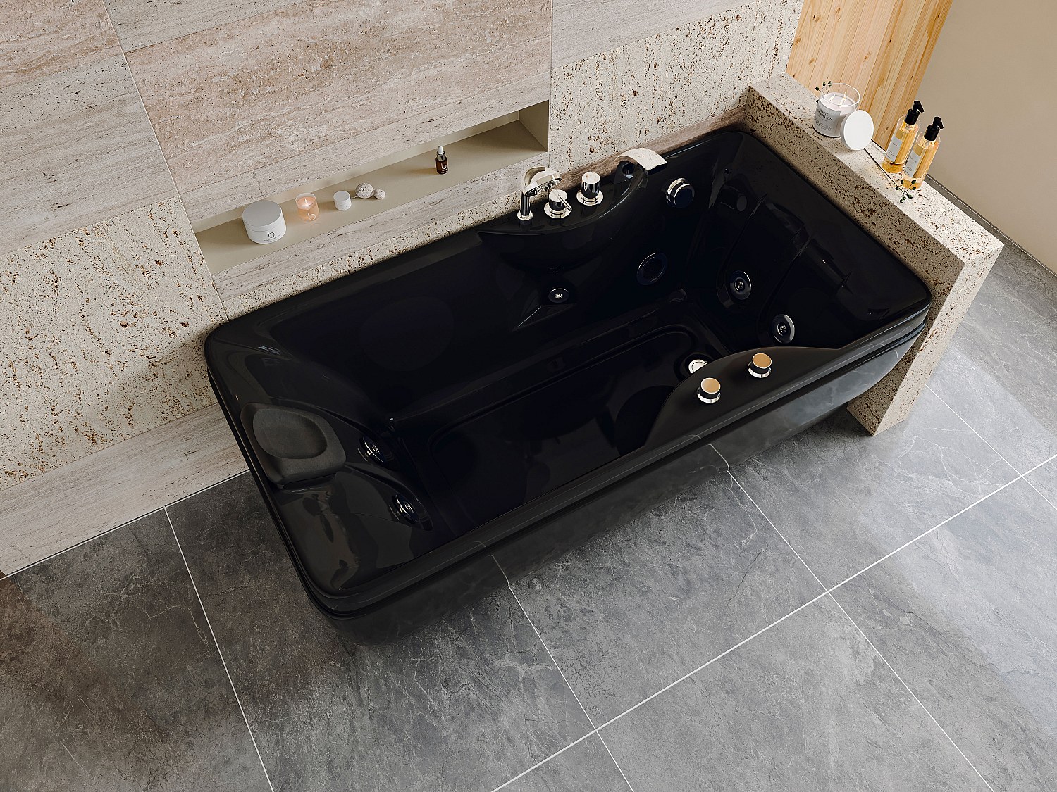 Whirlpool-Badewanne - Schwarz - 1 Person - 140 Liter - 150 x 75 x 54,5 cm - Ecke rechts - GAVINO