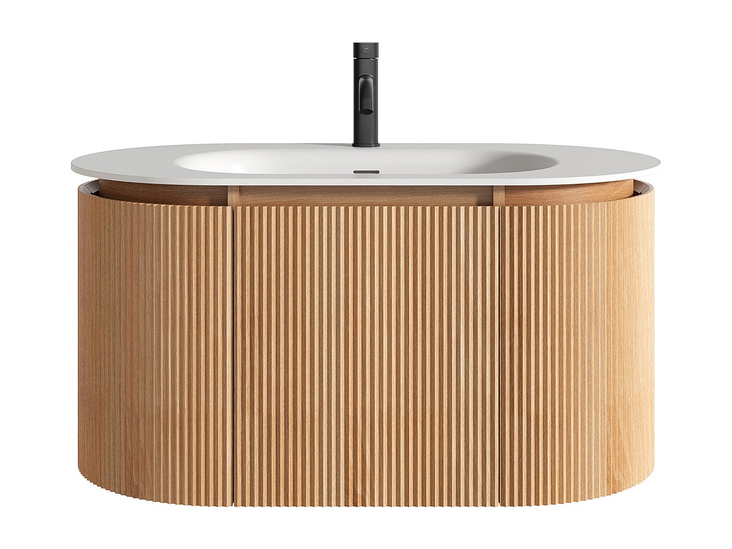 Hängender Badschrank gestreift aus Eschenholz mit Einbau-Waschbecken und Wasserhahn – Hellnatur – L90 cm – LILIKO