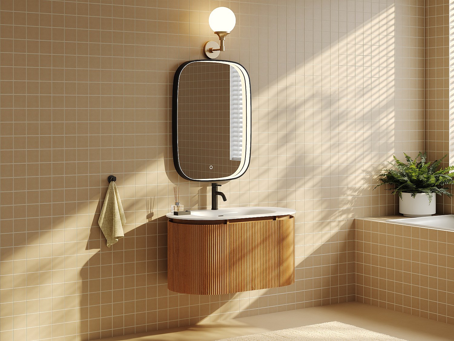 Hängender Badschrank gestreift aus Eschenholz mit Einbau-Waschbecken, Wasserhahn und Spiegel – Hellnatur – L90 cm – LILIKO