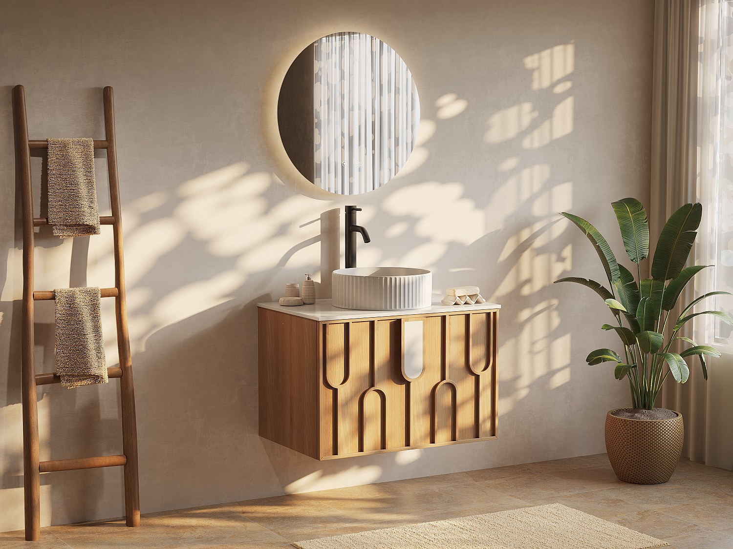 Hängender Badschrank texturiert mit rundem Aufsatz-Waschbecken, gestreift, und Wasserhahn – Hellnatur – L75 cm – MERKAN