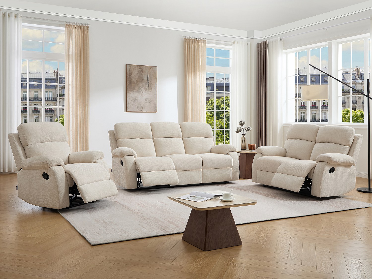 3-Sitzer-Sofa, 2-Sitzer-Sofa und ein Relaxsessel aus strukturiertem Beige-Stoff TOLZANO