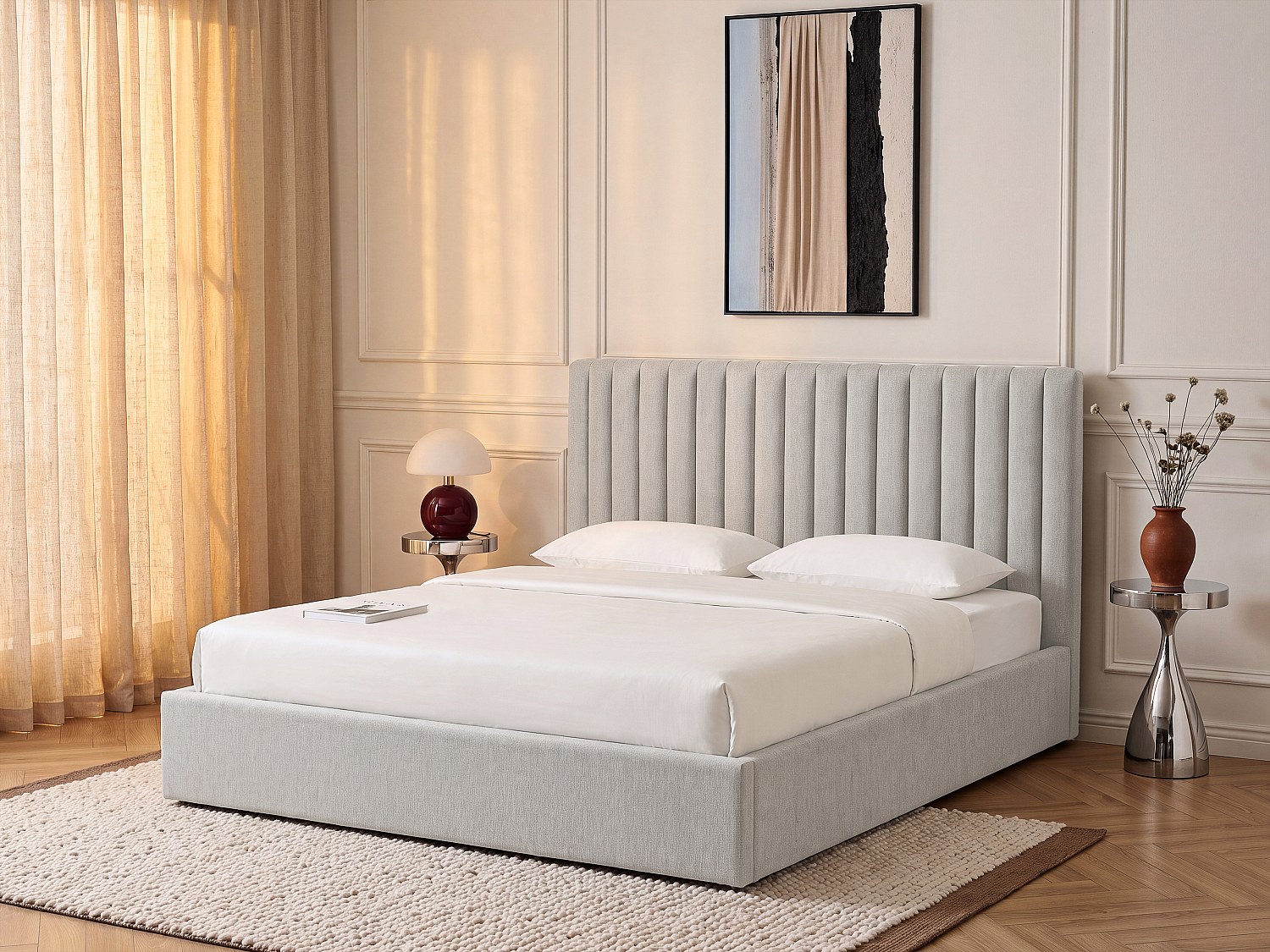Bett mit Bettkasten 140 x 200 cm – Stoff – Hellgrau + Matratze – SARANELI