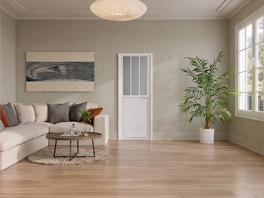 Reversibler Türblock aus Aluminium und mattiertem Sicherheitsglas im Werkstatt-Stil - H204 x B73 cm - Weiß - ERMELO