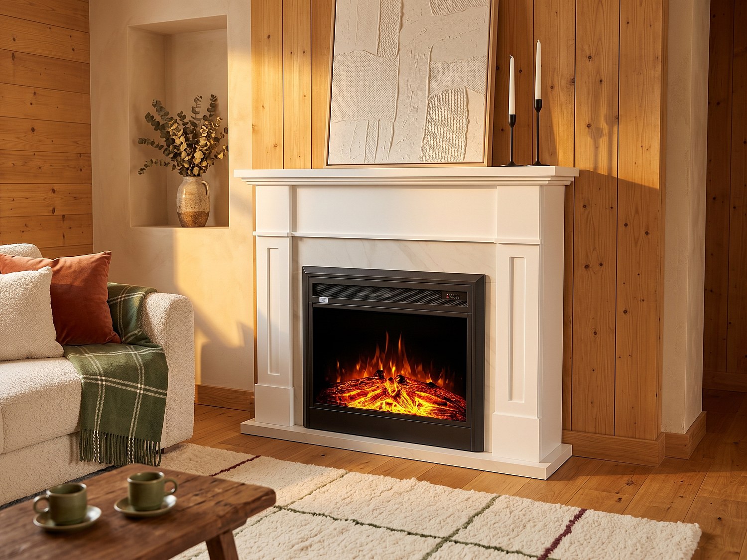 Elektrischer Kamin mit Sims - L 134 x T 34 x H 105,2 cm - Weiß - ESUKO