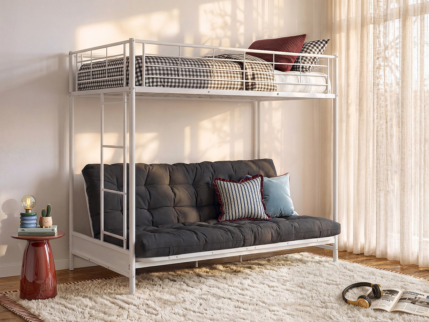 Hochbett mit Schlafsofa mit Futonmatratze - 90 x 190 cm - Metall - Weiß & Schwarz - MODULO V