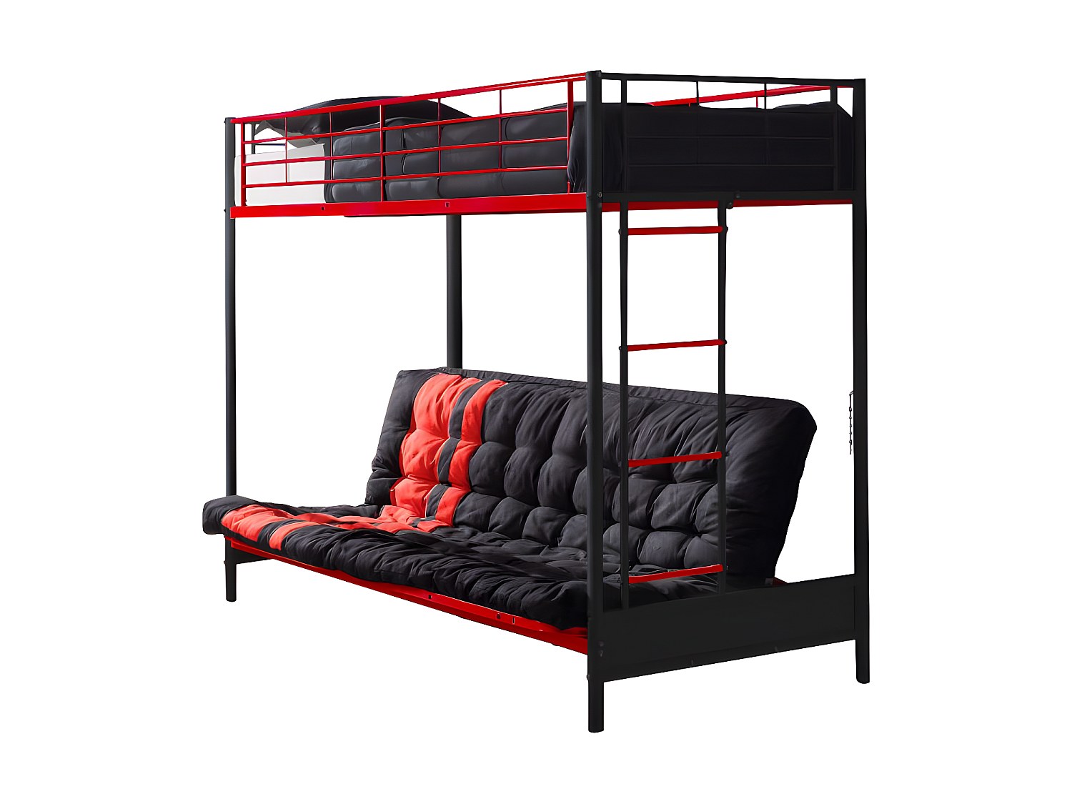 Hochbett mit Schlafsofa mit Futonmatratze - 90 x 190 cm - Metall - Rot & Schwarz - MODULO V