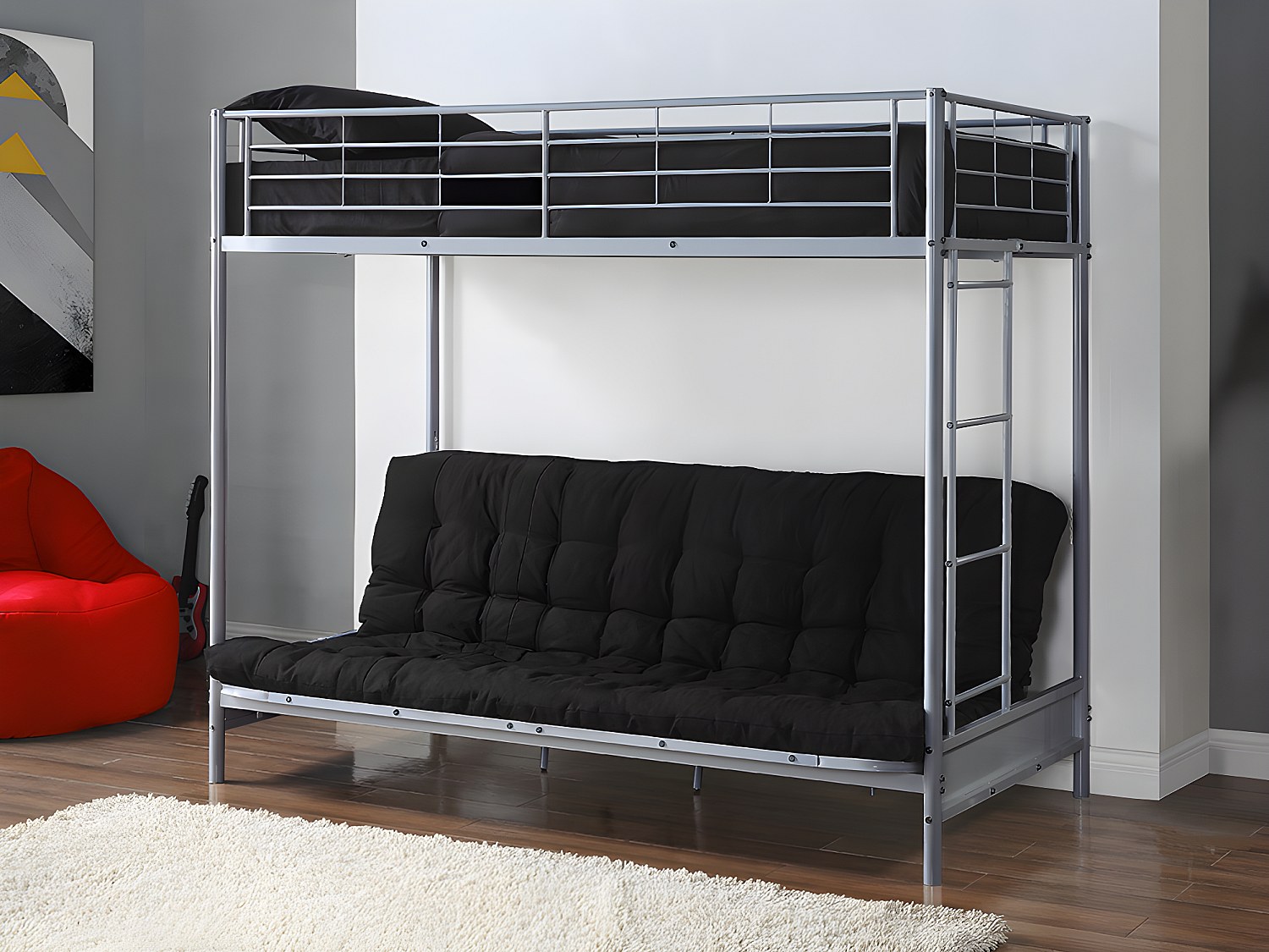 Hochbett mit Schlafsofa + Futonmatratze - 90 x 190 cm - Metall - Silberfarben - MODULO IV