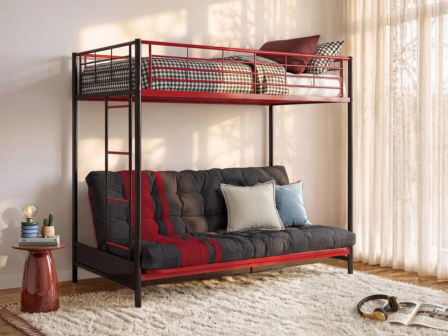 Hochbett mit Schlafsofa mit Matratze + Futonmatratze - 90 x 190 cm - Metall - Rot & Schwarz - MODULO V