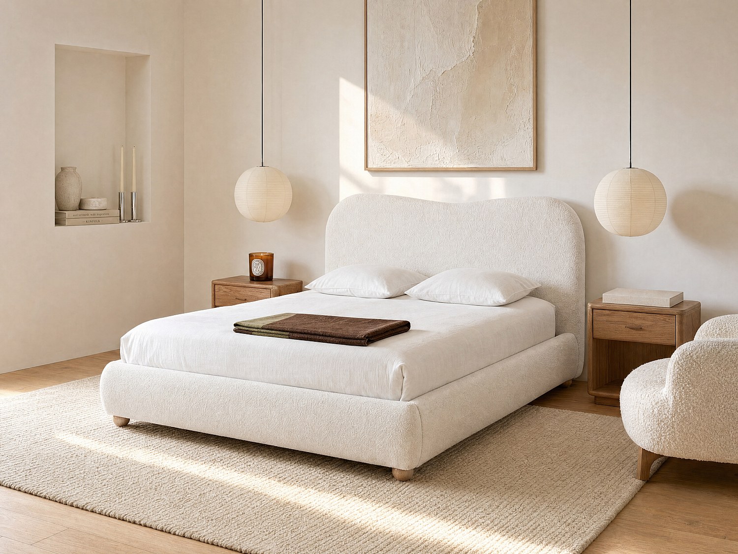 Bett mit Bettkasten 140 x 200 cm - Bouclé-Stoff - Weiß + Matratze VANARI