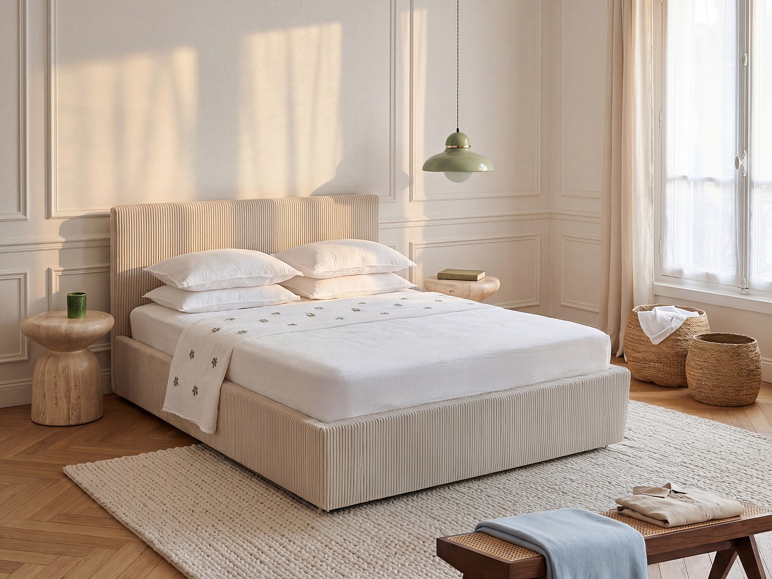 Bett mit Bettkasten 140 x 200 cm - Cord-Samt - Cremefarben - VALME