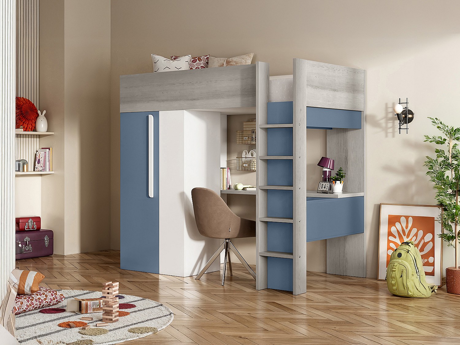 Hochbett mit Schreibtisch & Kleiderschrank - 90 x 200 cm  - Blau & Weiß - NICOLAS