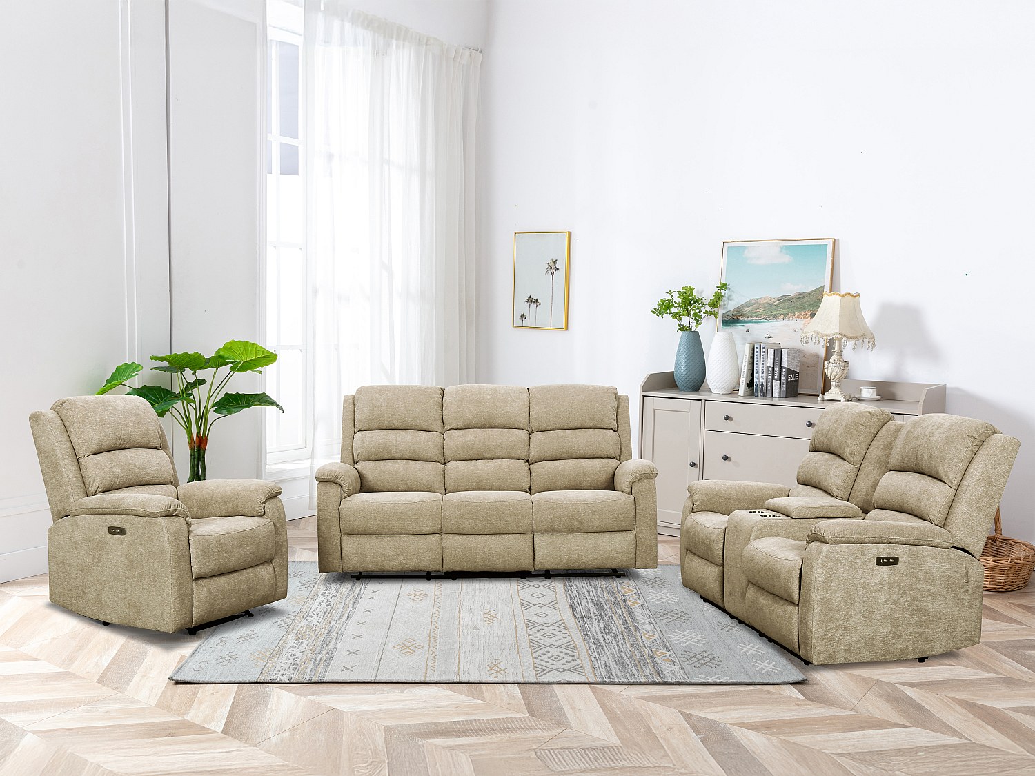 Couchgarnitur mit elektrischer Relaxfunktion 3+2+1 - Stoff - Taupe - NEVERS