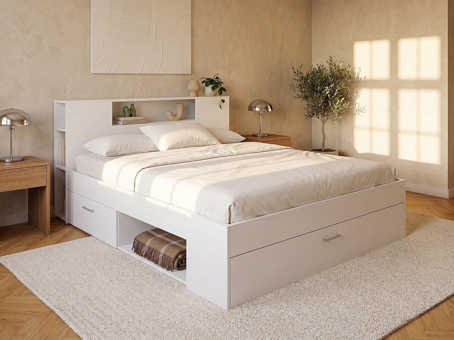 Bett mit Kopfteil, Stauraum & Schubladen + Lattenrost - 140 x 190 cm - Weiß - LEANDRE